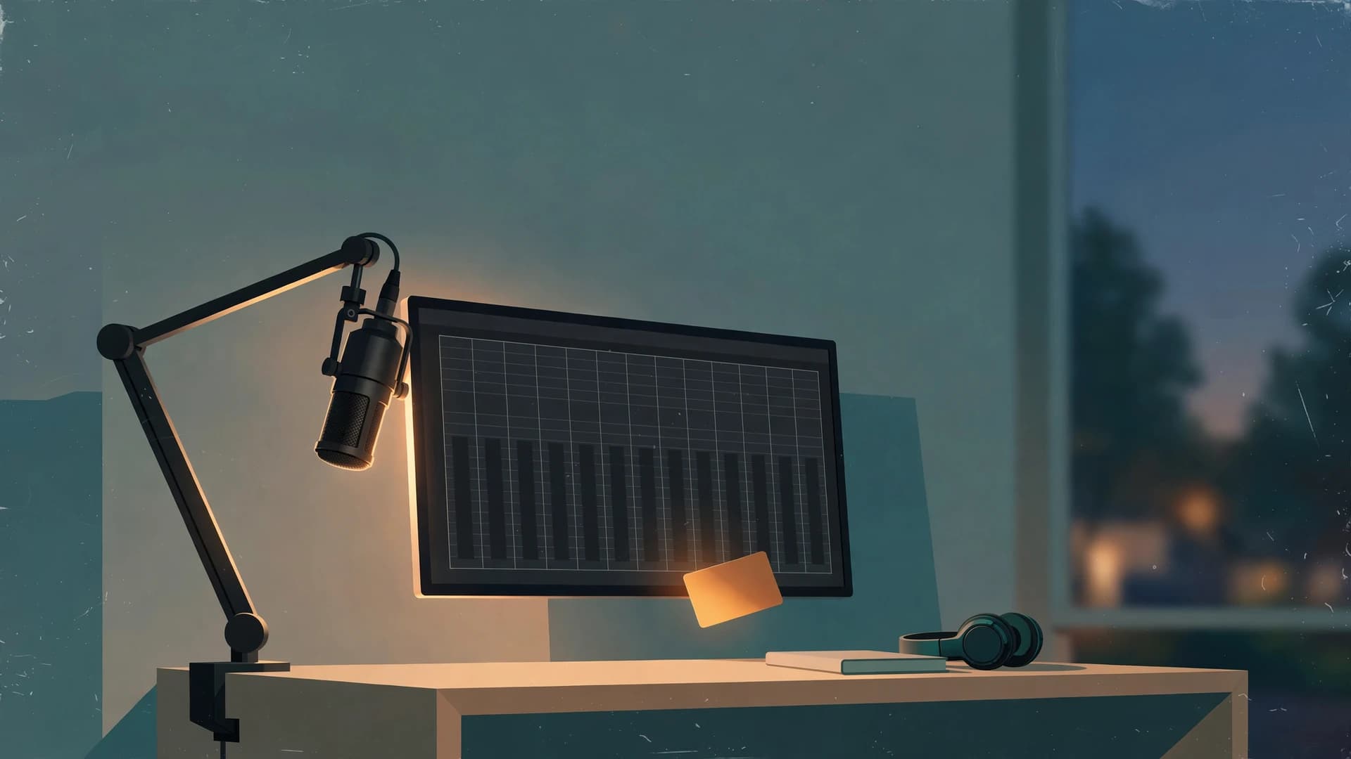 A quiet home recording desk at dusk: a studio microphone on a boom arm beside a monitor showing audio meters sitting completely flat, with a small amber warning card glowing in front of the screen