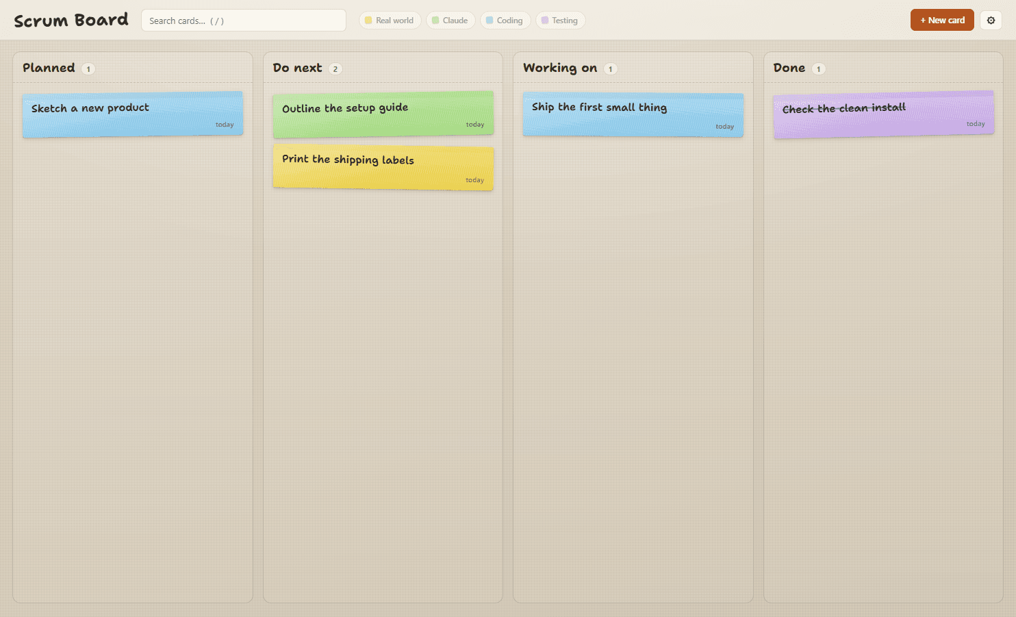 Scrum Board Solo with sample sticky notes in Planned, Do next, Working on and Done columns